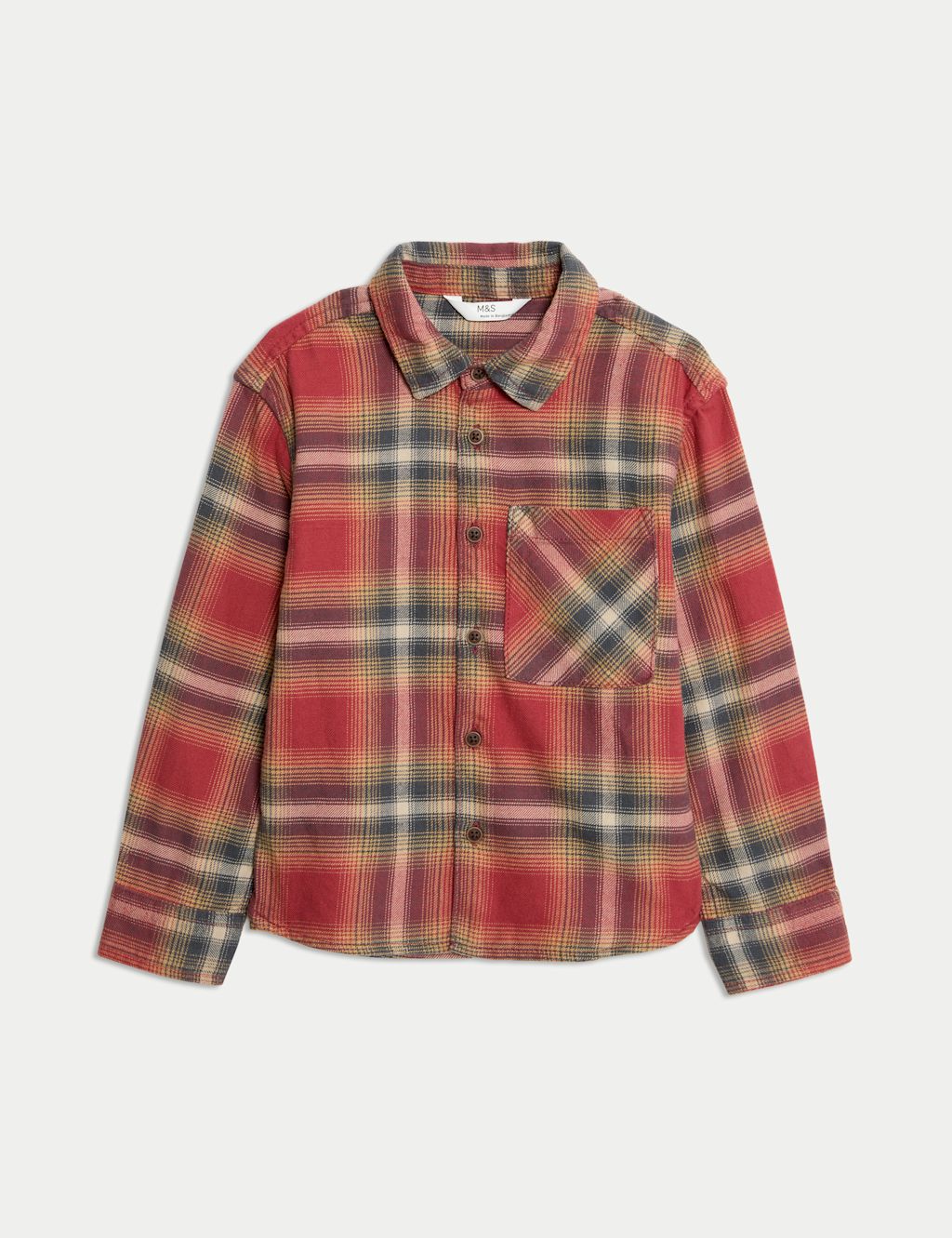 M&S Pure Cotton Brushed Checked Shirt (2-8 Yrs) - 2-3 Y - Rust Mix, Rust Mix
