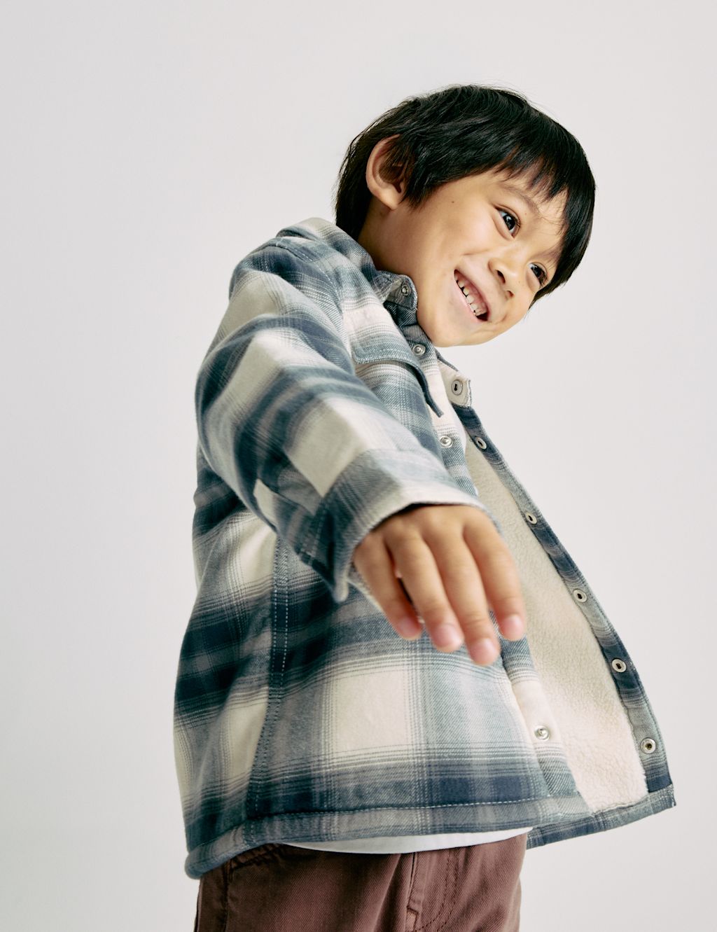 M&S Pure Cotton Borg Lined Checked Overshirt (2-10 Yrs) - 2-3 Y - Grey Mix, Grey Mix