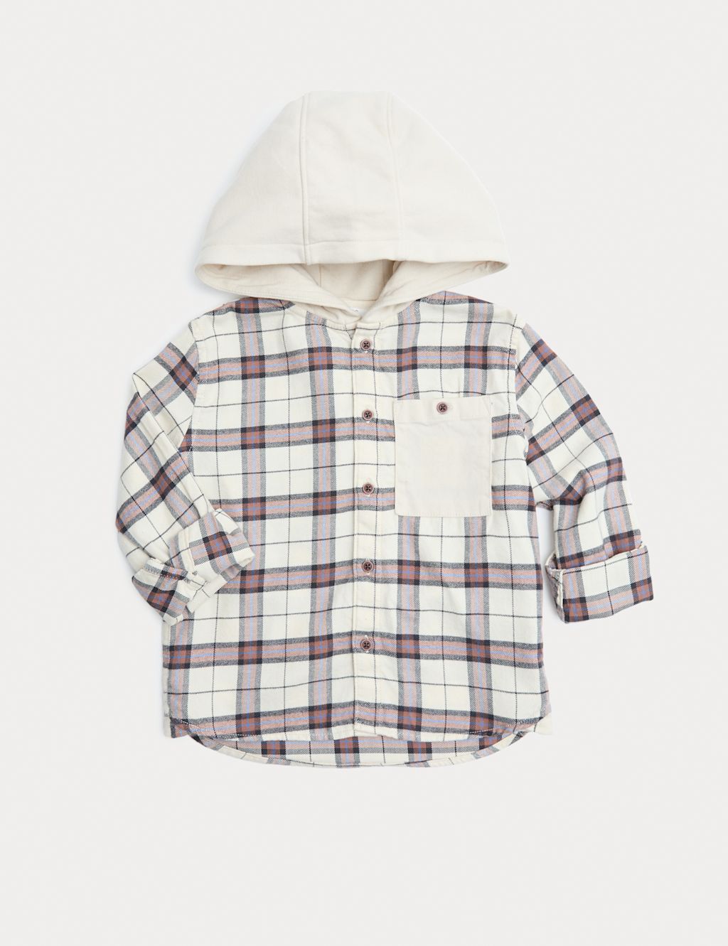 M&S Pure Cotton Checked Hooded Shirt (2-8 Yrs) - 2-3 Y - Chocolate, Chocolate