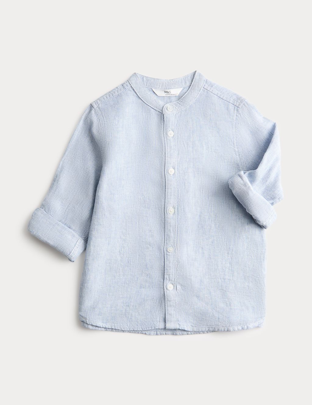 M&S Linen Rich Grandad Shirt (2-8 Yrs) - 3-4 Years - Blue Mix, Blue Mix