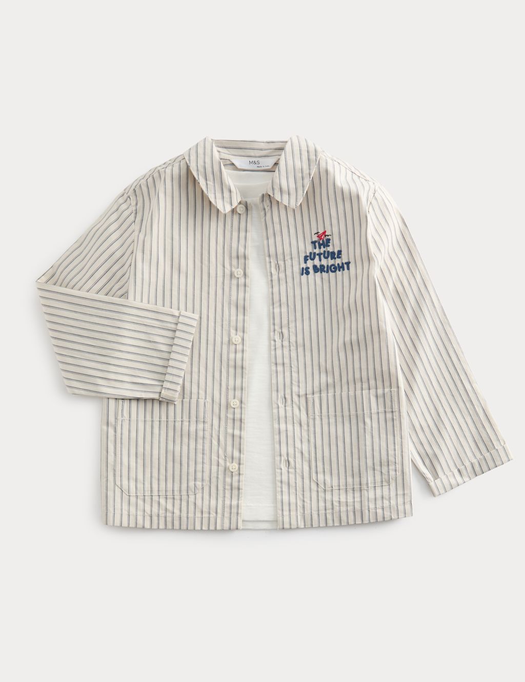 M&S 2 Piece Cotton Striped Overshirt And T-Shirt (2-8 Yrs) - 6-7 Years - White Mix, White Mix