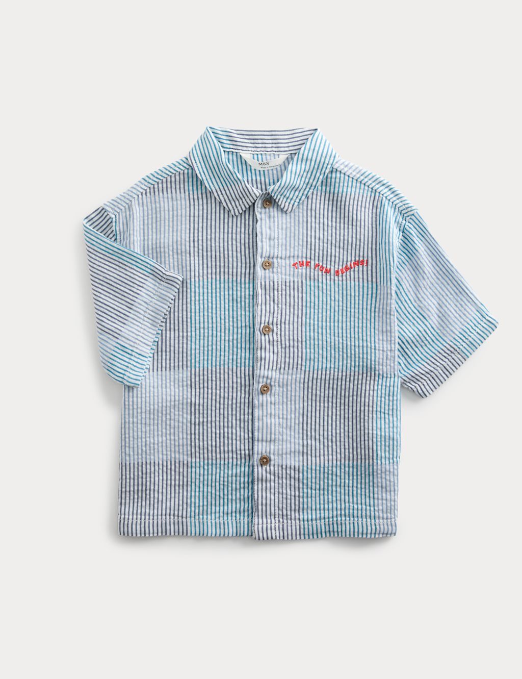 M&S Pure Cotton Checked Seersucker Shirt (2-8 Yrs) - 2-3 Years - Pale Blue, Pale Blue