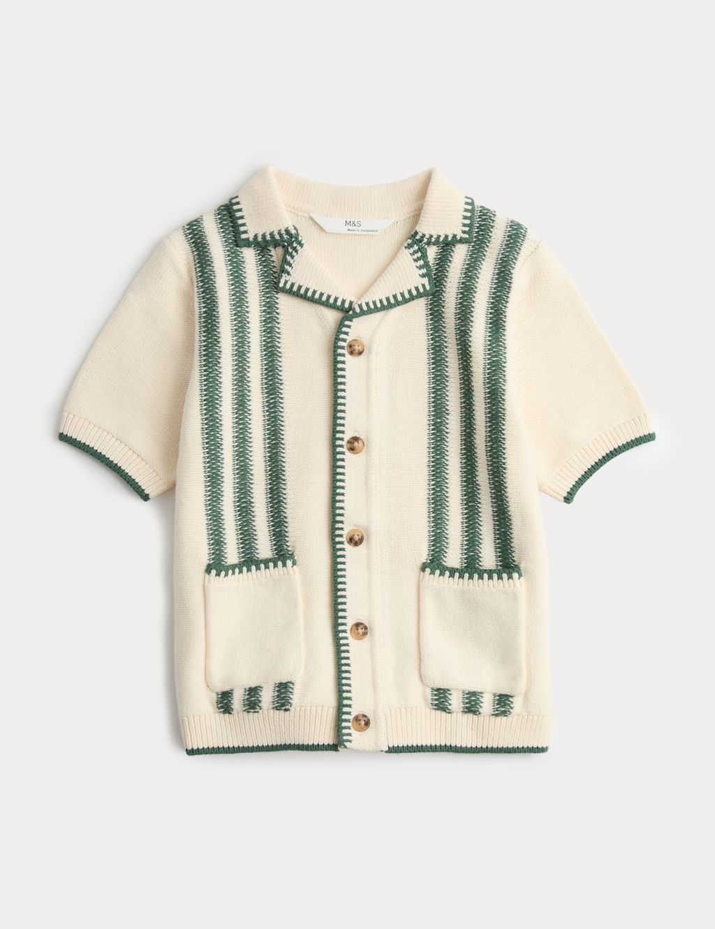 M&S Pure Cotton Striped Knitted Shirt (2-8 Yrs) - 2-3 Years - Dark Green Mix, Dark Green Mix