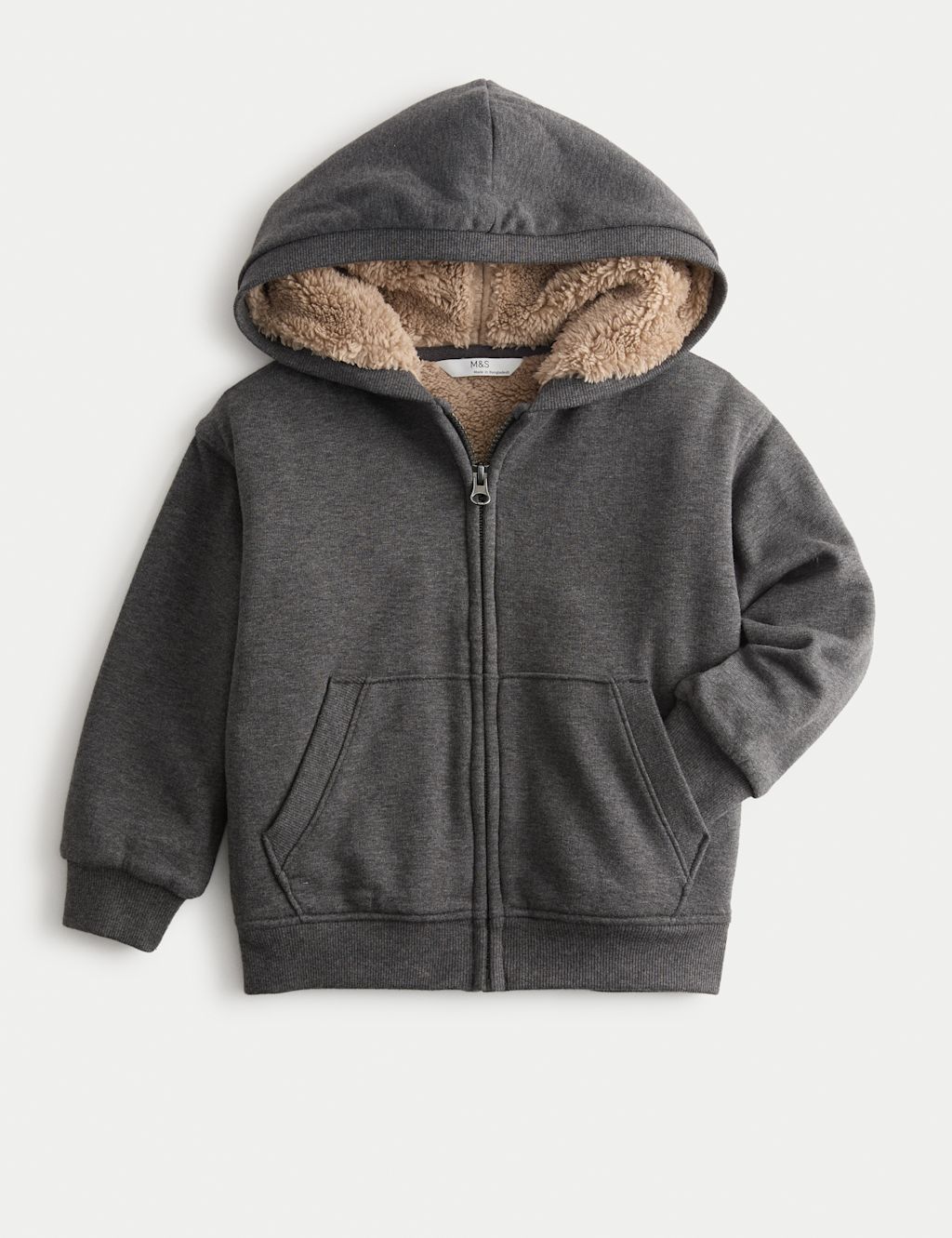 M&S Borg Lined Zip Though Hoodie (1-10 Yrs) - 12-18 - Grey, Grey