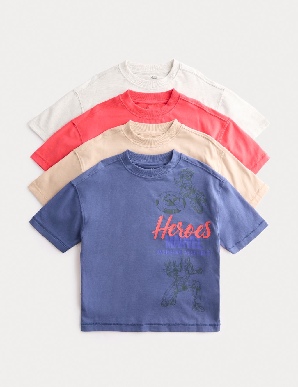M&S 4 Pack Pure Cotton Marvel&trade; T-Shirts (2-8 Yrs) - 2-3 Years - Blue Mix, Blue Mix