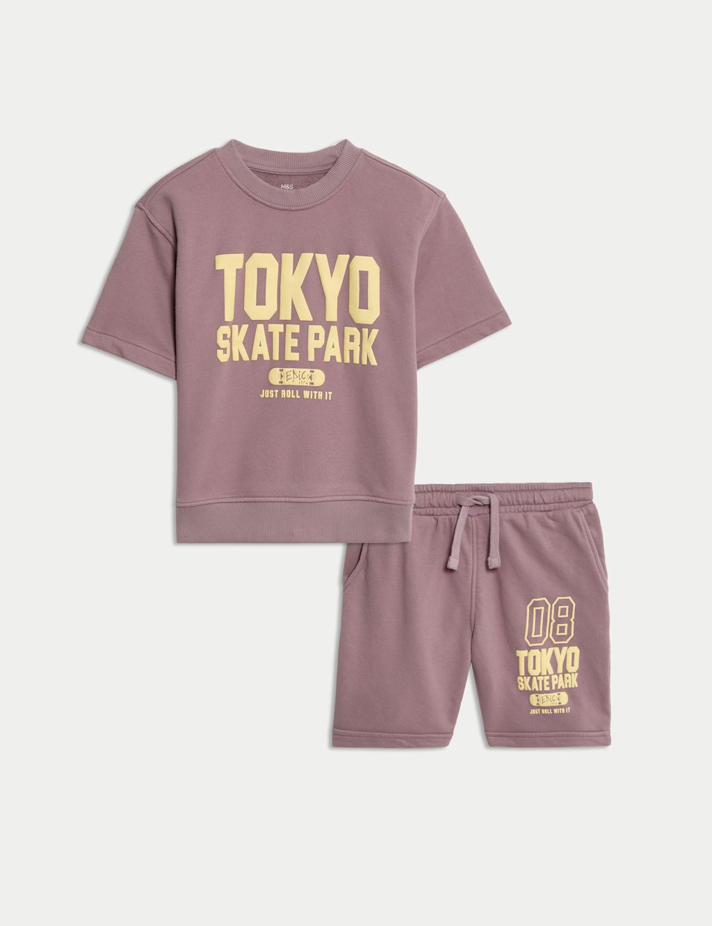 M&S Cotton Rich Slogan Top & Shorts Outfit (2-8 Yrs) - 2-3 Years - Purple, Purple