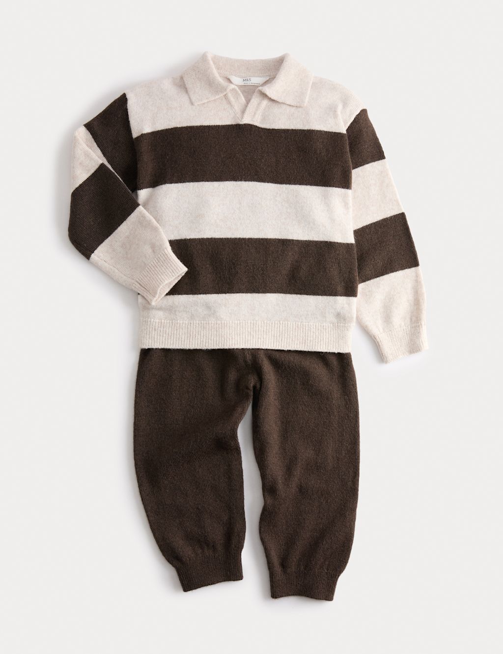 M&S 2pc Knitted Stripe Polo Shirt & Jogger Outfit (18 Mths-8 Yrs) - 4-5 Y - Brown Mix, Brown Mix