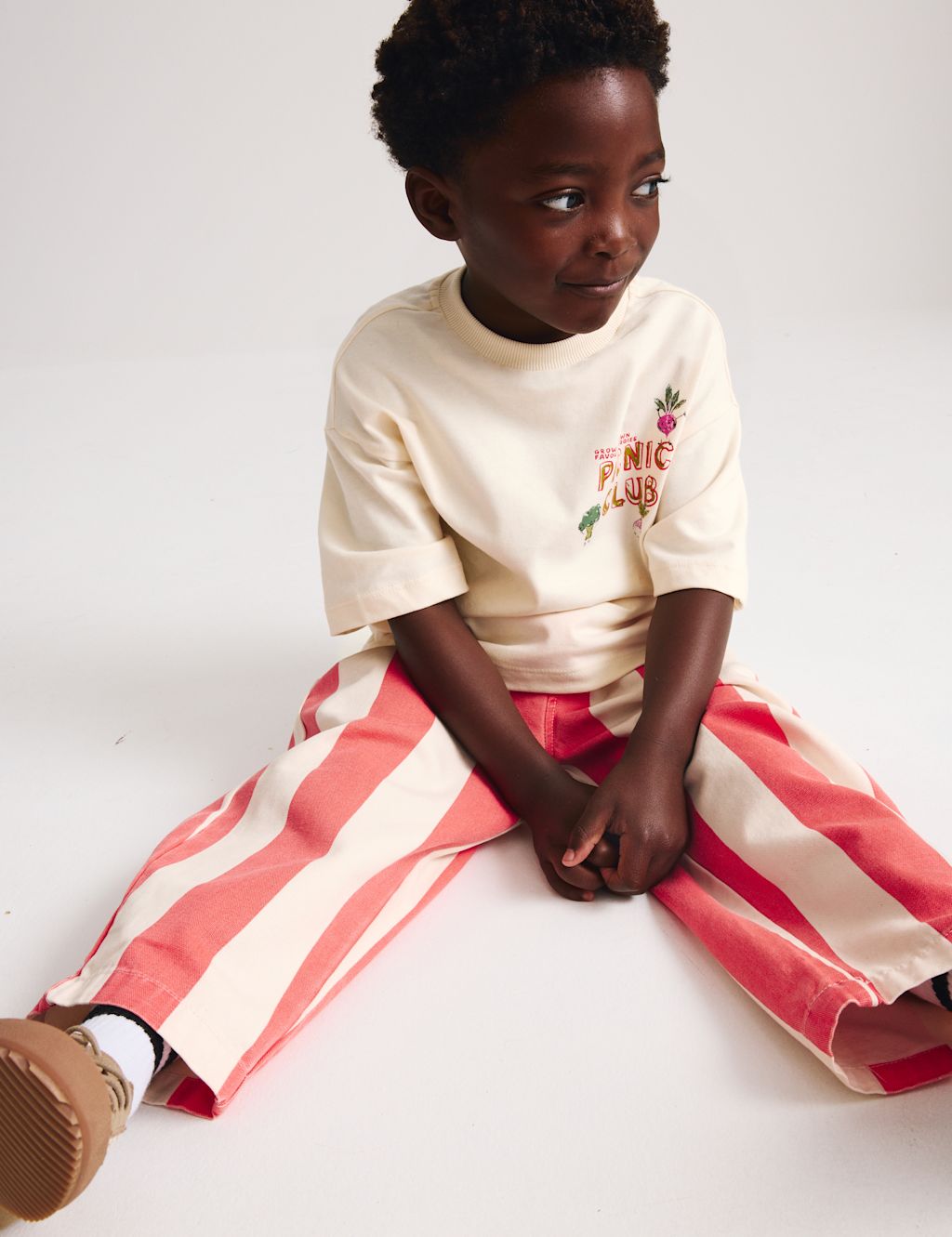 M&S 2 Piece Pure Cotton T-Shirt & Striped Trousers Outfit (2-8 Yrs) - 5-6 Years - Red Mix, Red Mix