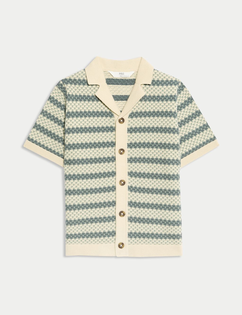 M&S Pure Cotton Striped Knitted Shirt (2-16 Yrs) - 7-8 Y - Green Mix, Green Mix