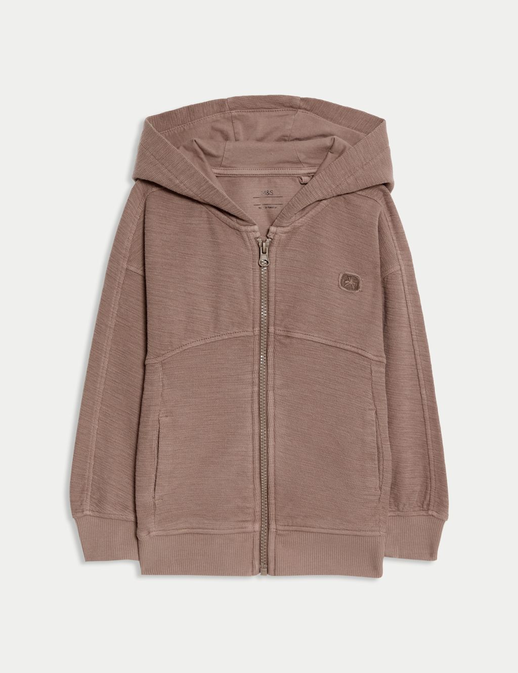 M&S Pure Cotton Textured Zip Hoodie (2-8 Yrs) - 2-3 Years - Brown, Brown