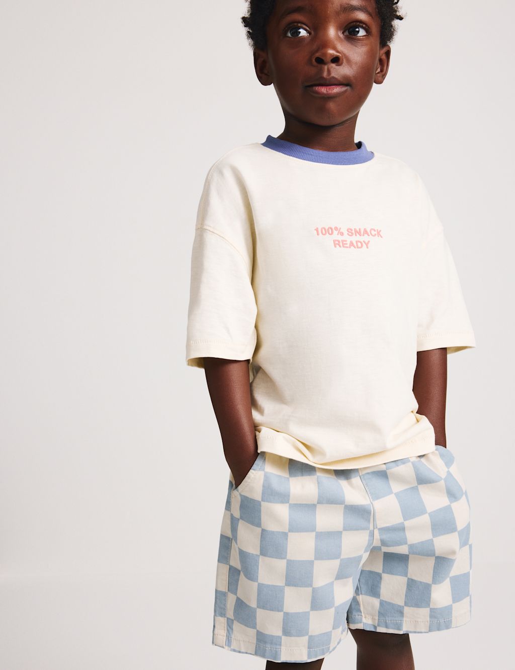 M&S Cotton Rich Checkerboard Pull On Shorts (2-8yrs) - 2-3 Years - Grey Mix, Grey Mix