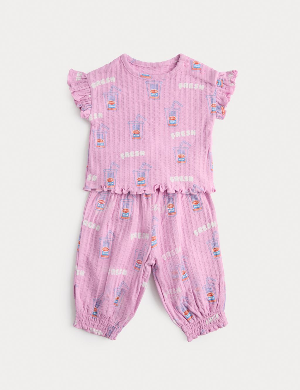 M&S 2 Piece Pure Cotton Seersucker Printed Outfit (0-3 Yrs) - 0-3 Months - Soft Magenta, Soft Magenta