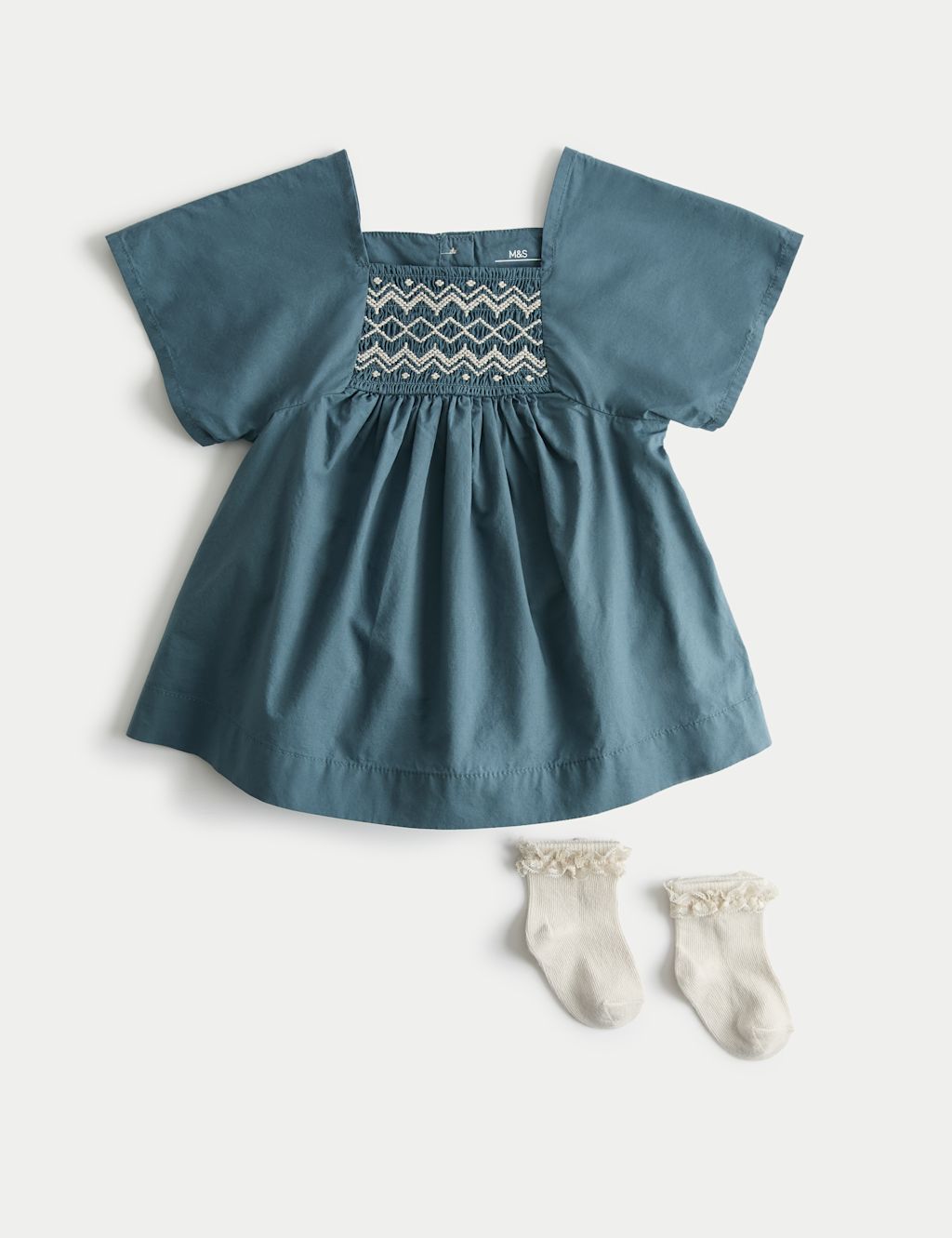 M&S 2 Piece Cotton Rich Dress with Socks (0-24 Mths) - 0-3 Months - Dark Petrol, Dark Petrol