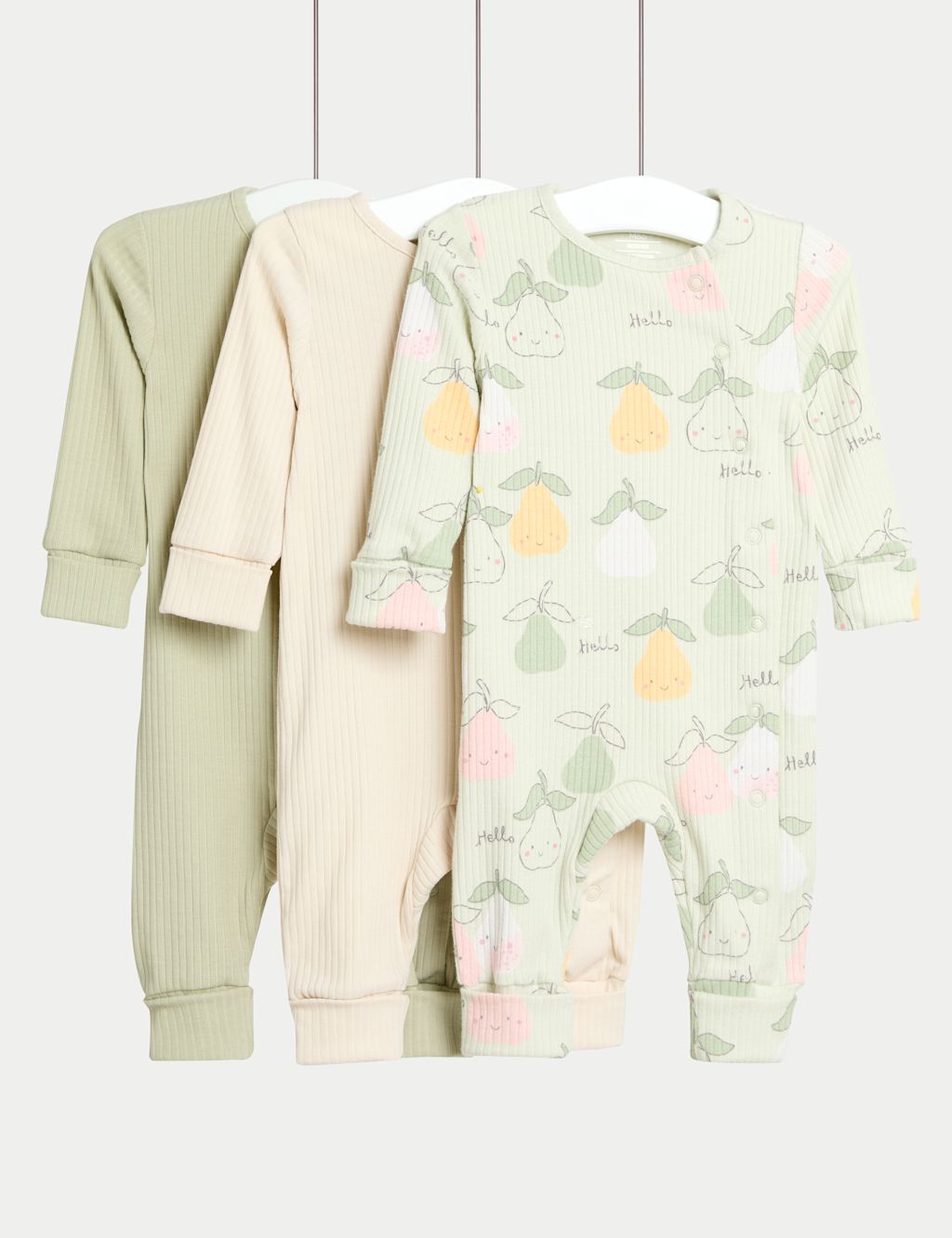 M&S 3pk Cotton Rich Sleepsuits (6½lbs-3 Yrs) - 0-3 M - Green Mix, Green Mix