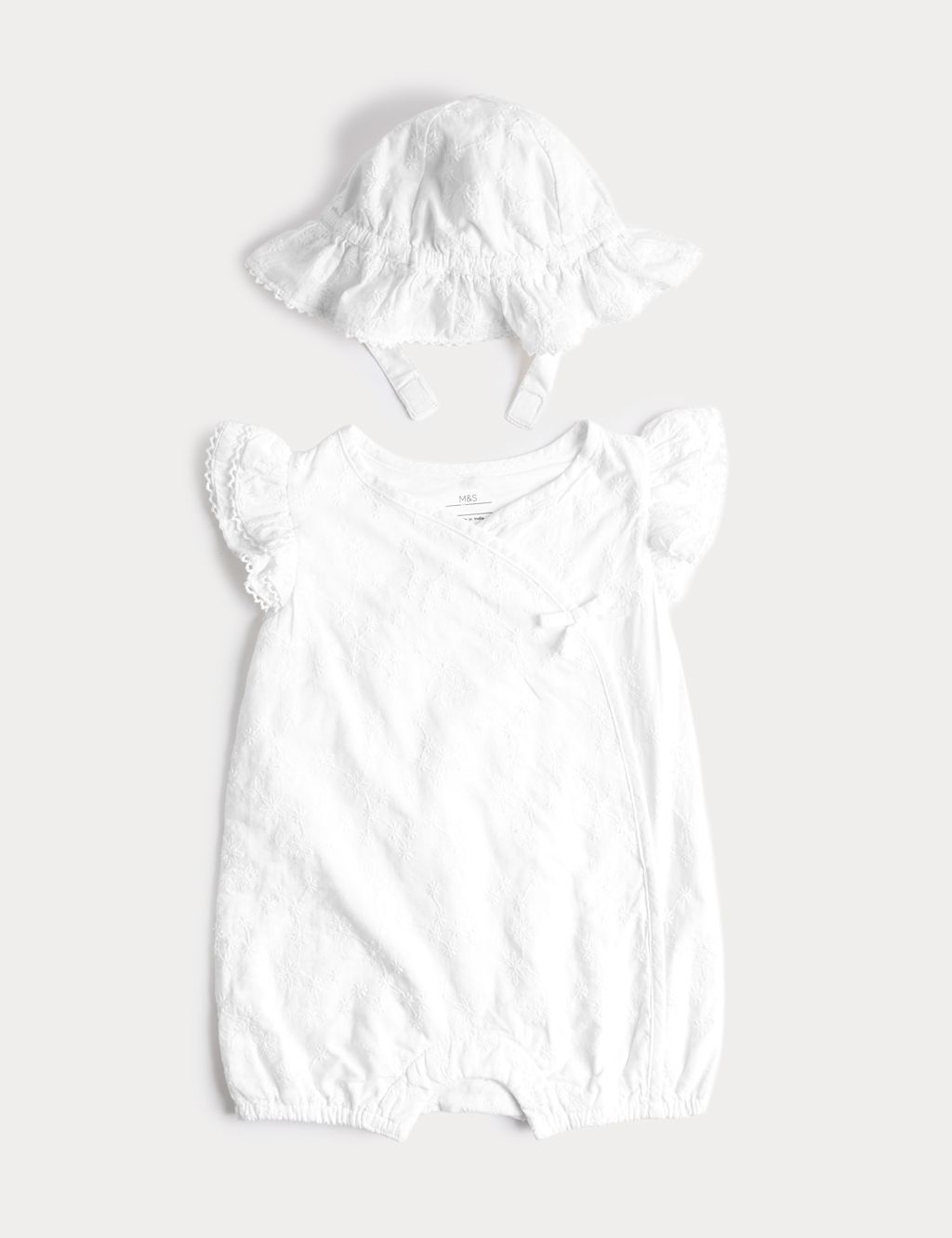 M&S 2 Piece Pure Cotton Romper & Hat Outfit (0-18 Mths) - 0-3 Months - White, White