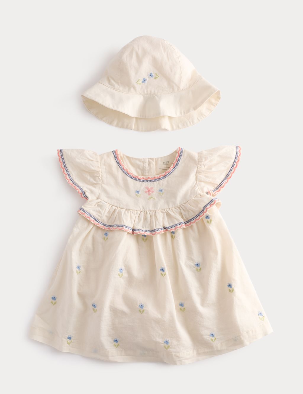 M&S 2 Piece Pure Cotton Floral Dress & Hat Outfit (0-2 Yrs) - 0-3 Months - Light Cream, Light Cream