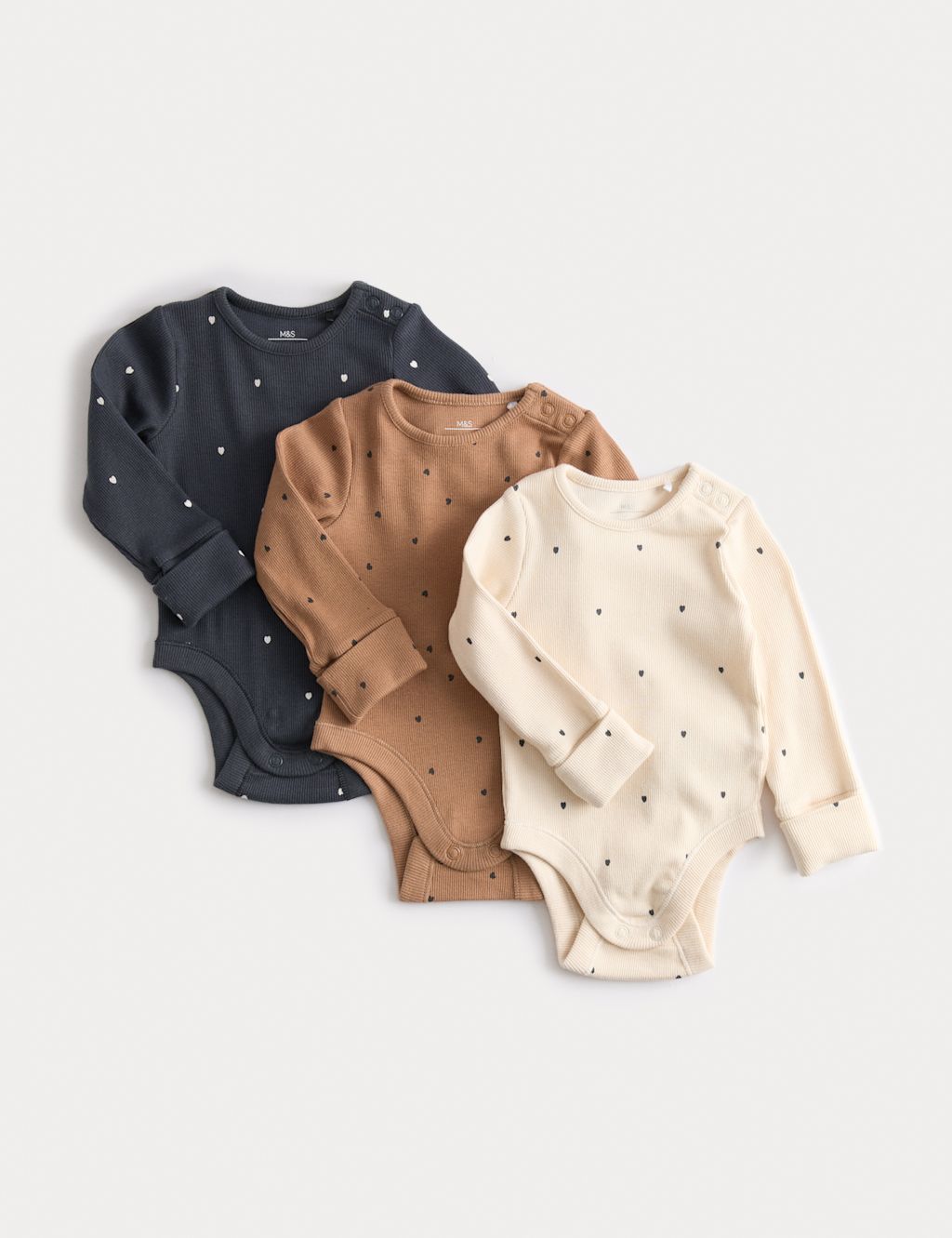 M&S 3pk Cotton Rich Heart Long Sleeved Bodysuits (0 Mths-3 Yrs) - 1 M - Butterscotch, Butterscotch