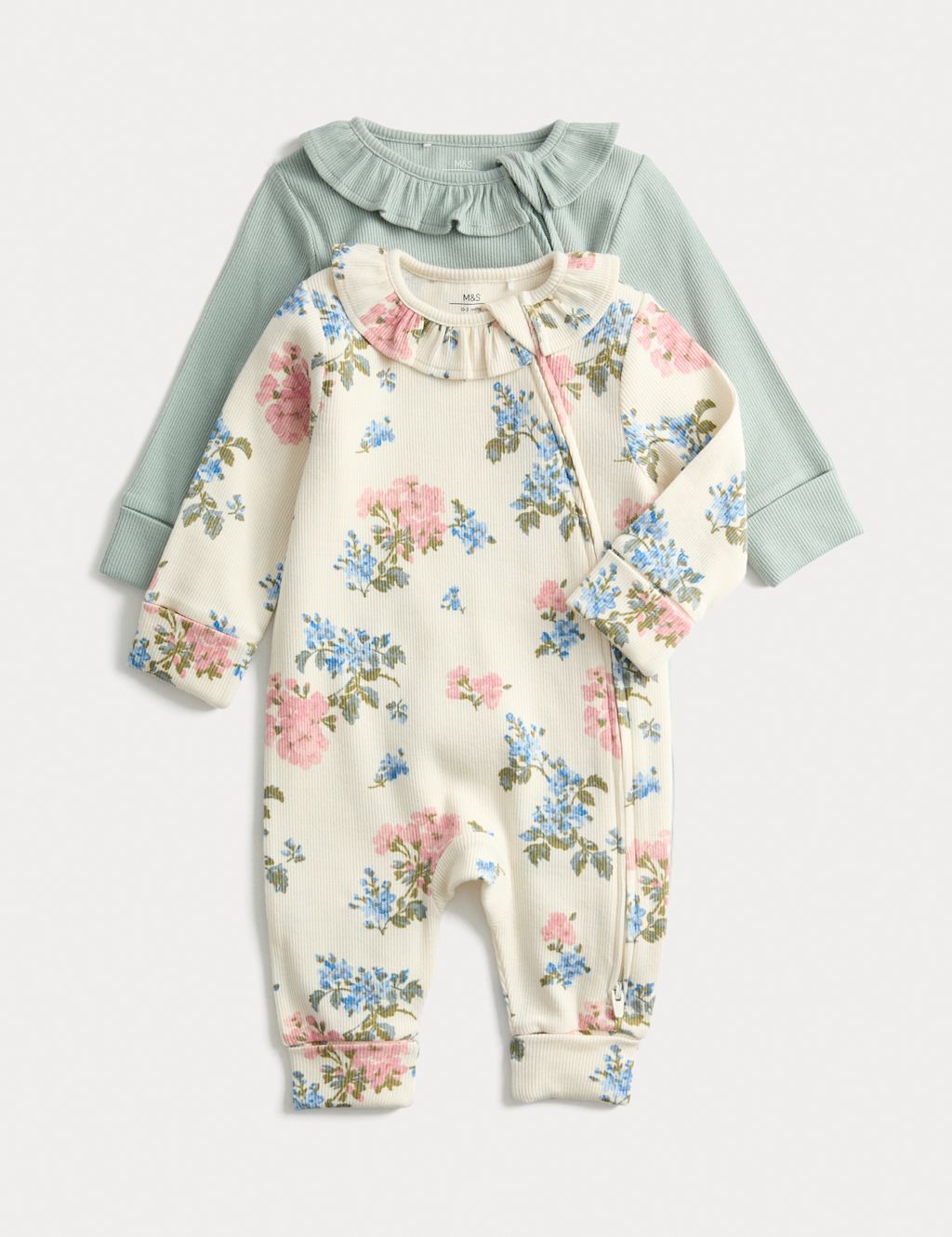 M&S 2 Pack Floral Frill Collar Zip Sleepsuits (0-3 Yrs) - 2-3Y - Ivory Mix, Ivory Mix