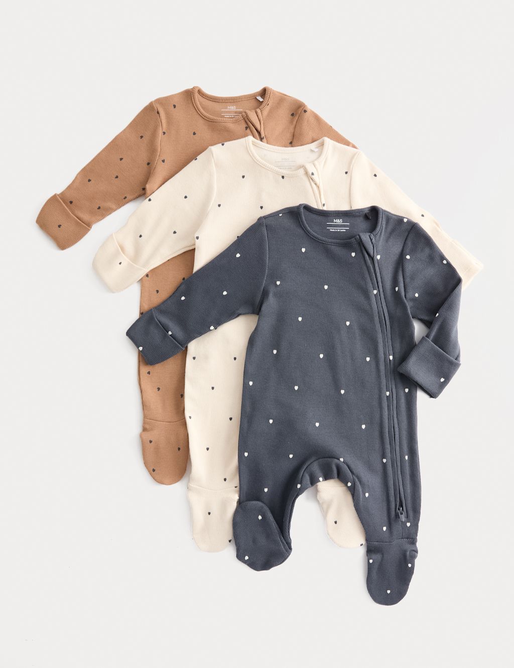 M&S 3pk Cotton Rich Heart Ribbed Sleepsuits (6&frac12;lbs-3 Yrs) - 2-3Y - Pewter, Pewter