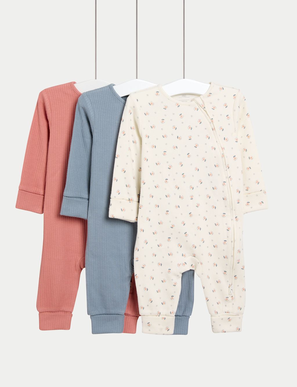 M&S 3pk Cotton Rich Ditsy Floral Sleepsuits (0 Mths-3 Yrs) - 0-3 M - Rose Mix, Rose Mix