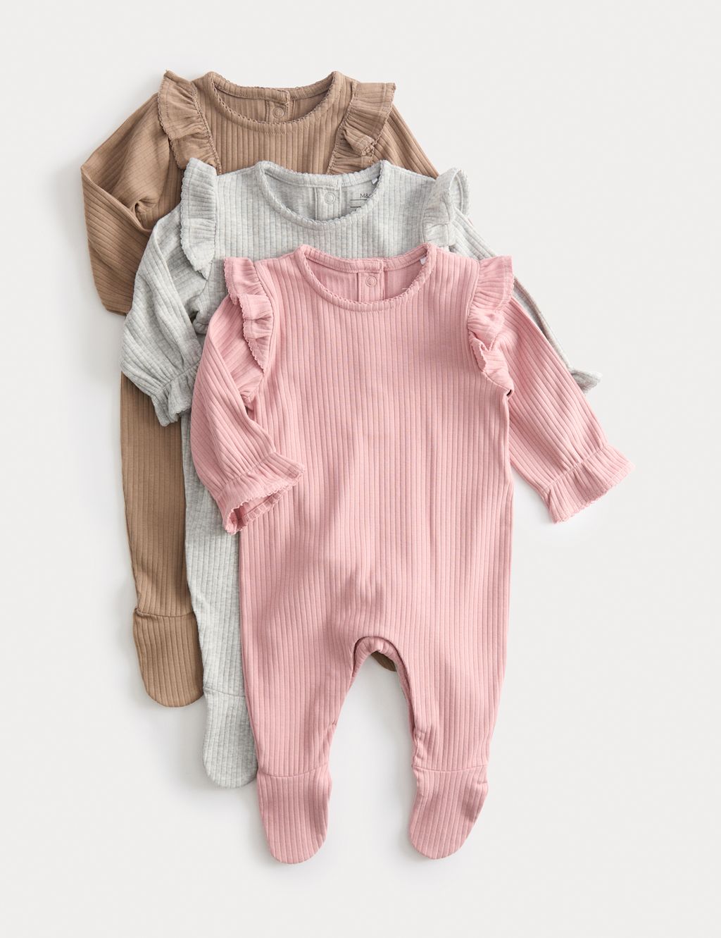 M&S 3pk Cotton Rich Frill Ribbed Sleepsuits (6&frac12;lbs-3 Yrs) - 6-9 M - Brown Mix, Brown Mix