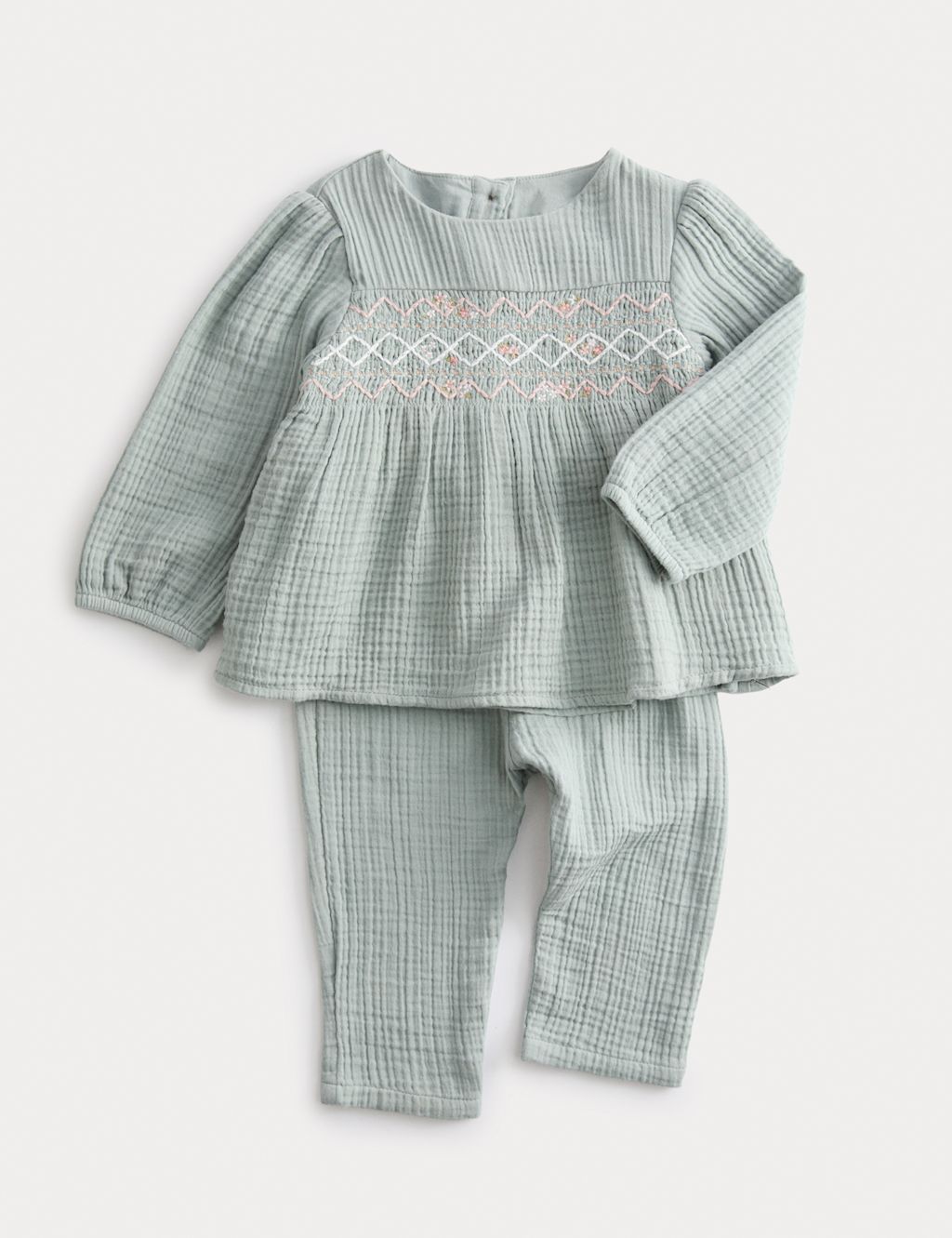 M&S 2pc Pure Cotton Smocked Outfit (0-24 Mths) - 0-3 M - Light Verdigris, Light Verdigris