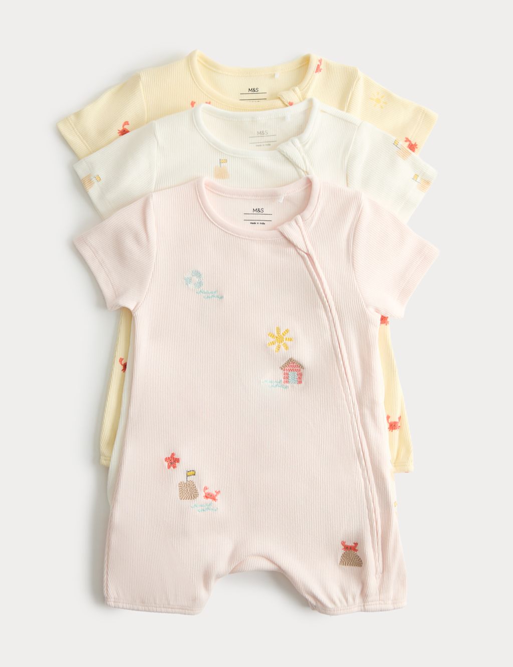 M&S 3 Pack Cotton Rich Embroidered Rompers (7lbs-3 Yrs) - 0-3 Months - Pink, Pink