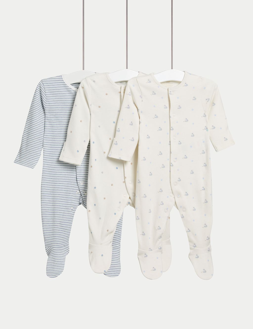 M&S 3pk Pure Cotton Dog Popper Footed Sleepsuits (0-3 Yrs) - 18-24 - Blue Mix, Blue Mix