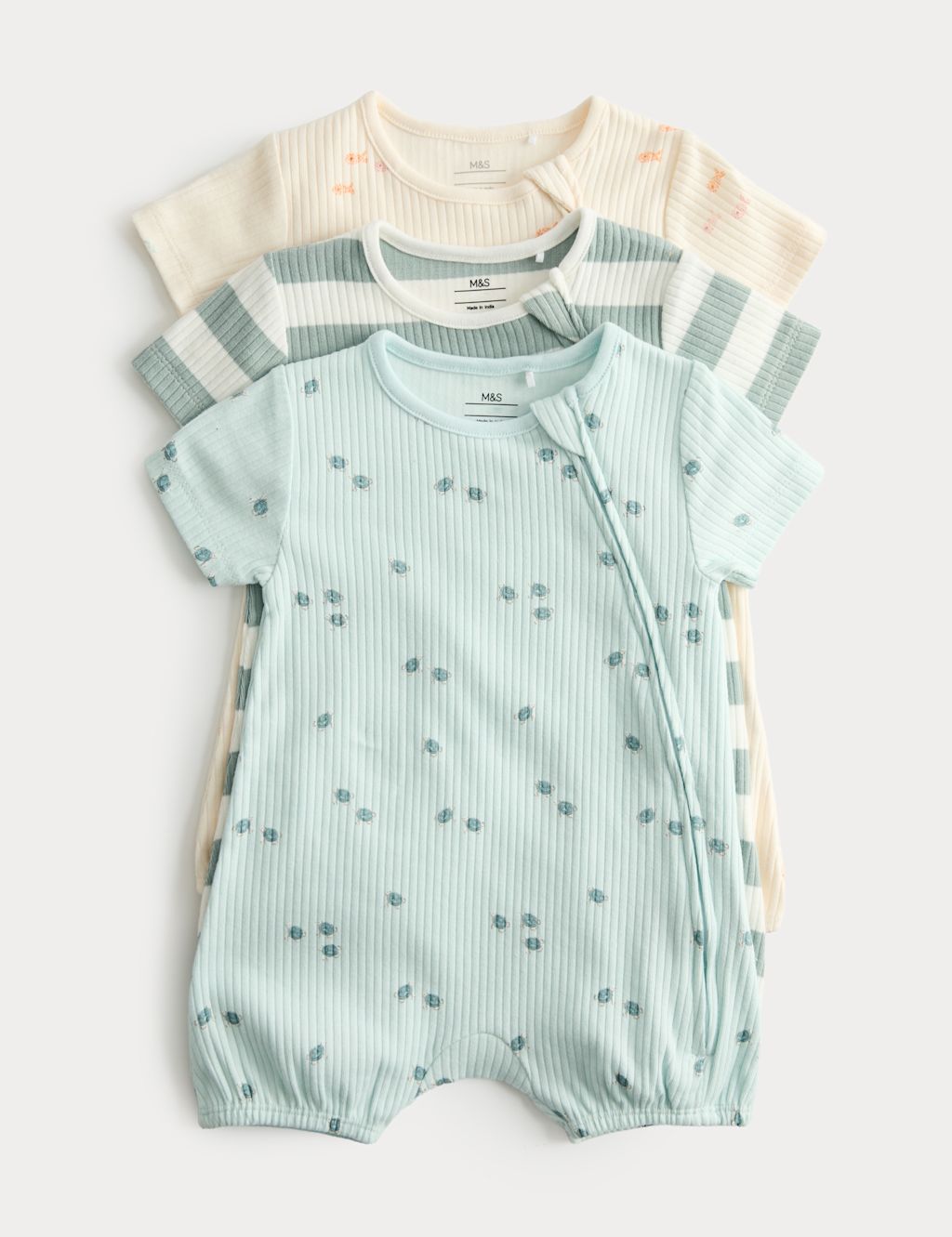M&S 3 Pack Cotton Rich Sea Life Print Rompers (7lbs-3 Yrs) - 1 Months - Blue, Blue
