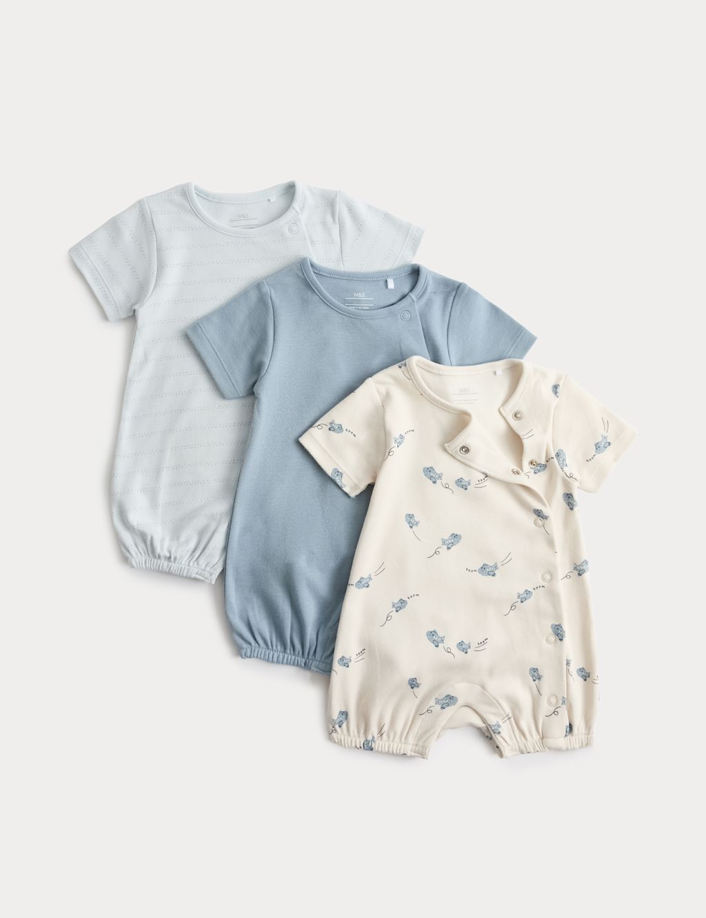 M&S 3 Pack Pure Cotton Rompers (7lbs-3 Yrs) - 12-18 Months - Blue Mix, Blue Mix
