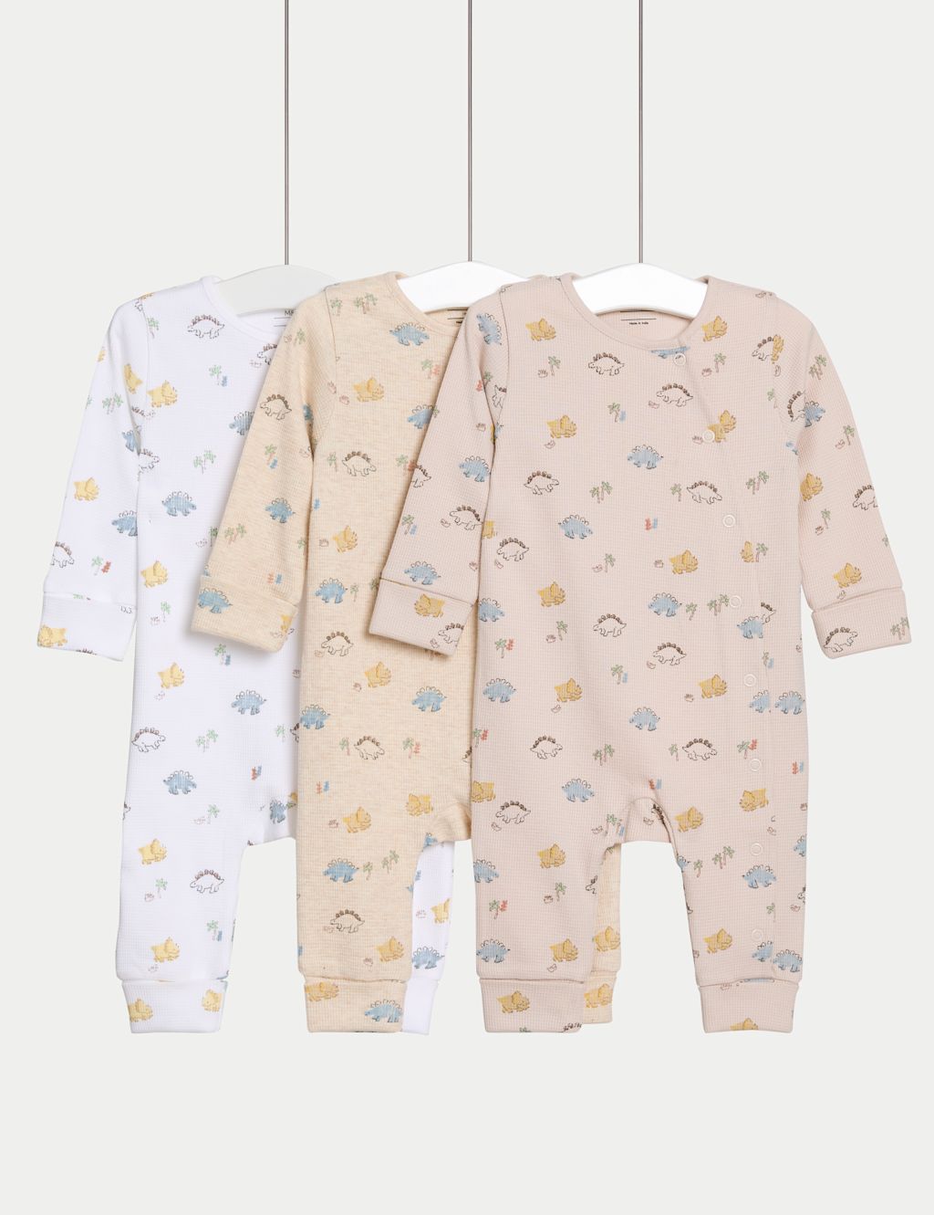 M&S 3pk Pure Cotton Dinosaur Sleepsuits (6½lbs-3 Yrs) - 0-3 M - Calico Mix, Calico Mix