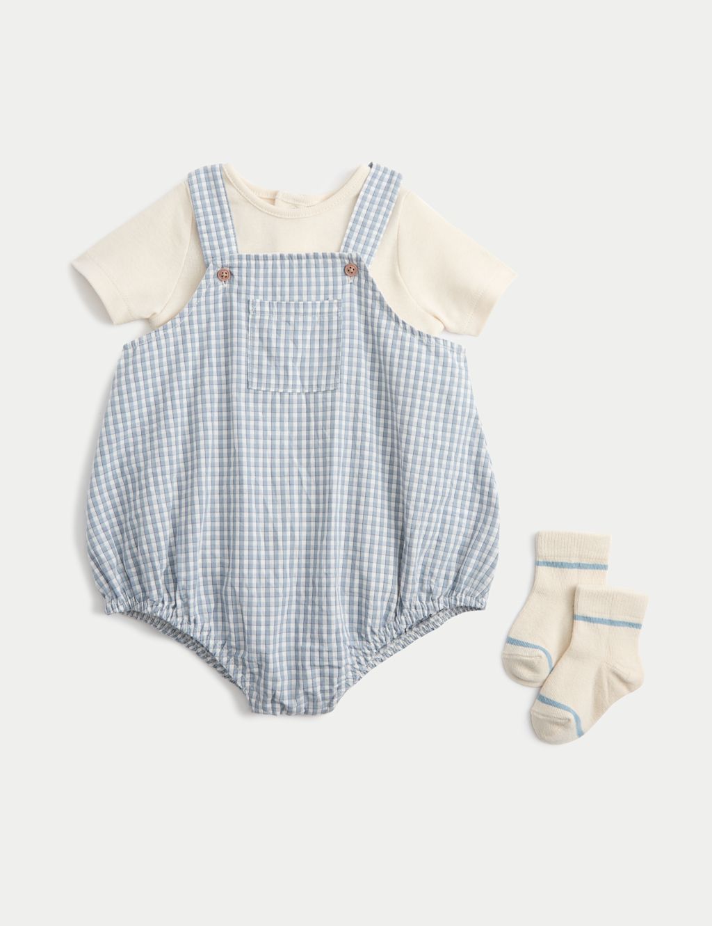 M&S 3 Piece Cotton Rich Gingham Paddler Bodysuit and Socks Outfit (7lbs-3 Yrs) - 0-3 Months - Light Duck Egg, Light Duck Egg