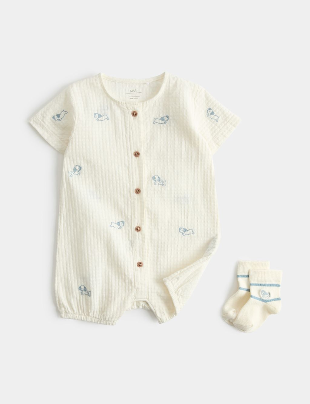 M&S 2 Piece Pure Cotton Romper & Socks Outfit (7lbs-2 Yrs) - 9-12 Months - Light Cream, Light Cream