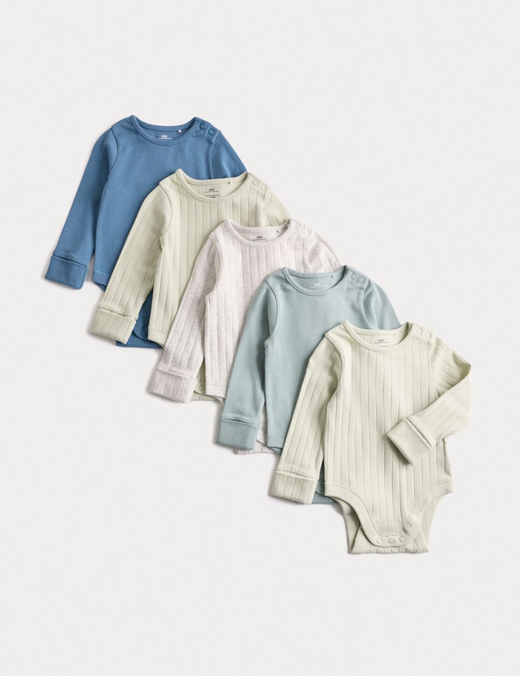 M&S 5pk Cotton-Rich Rib Long Sleeve Bodysuits (0-3 Yrs) - TINY - Green Mix, Green Mix