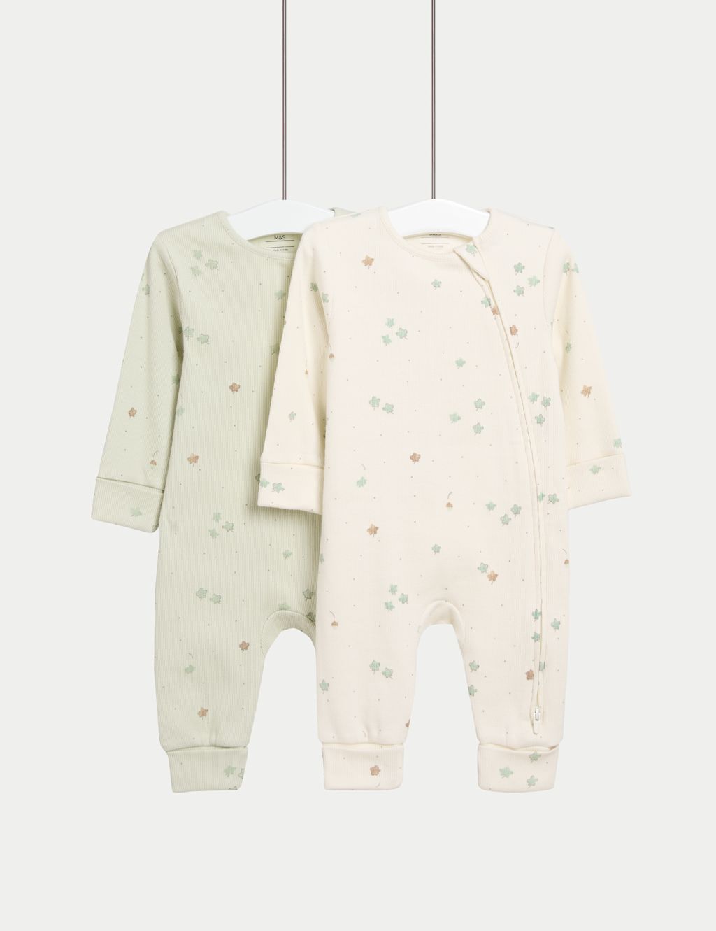 M&S 2 Pack Cotton Rich Leaf Print Sleepsuits (0 Mths-3 Yrs) - TINY - Ivory Mix, Ivory Mix