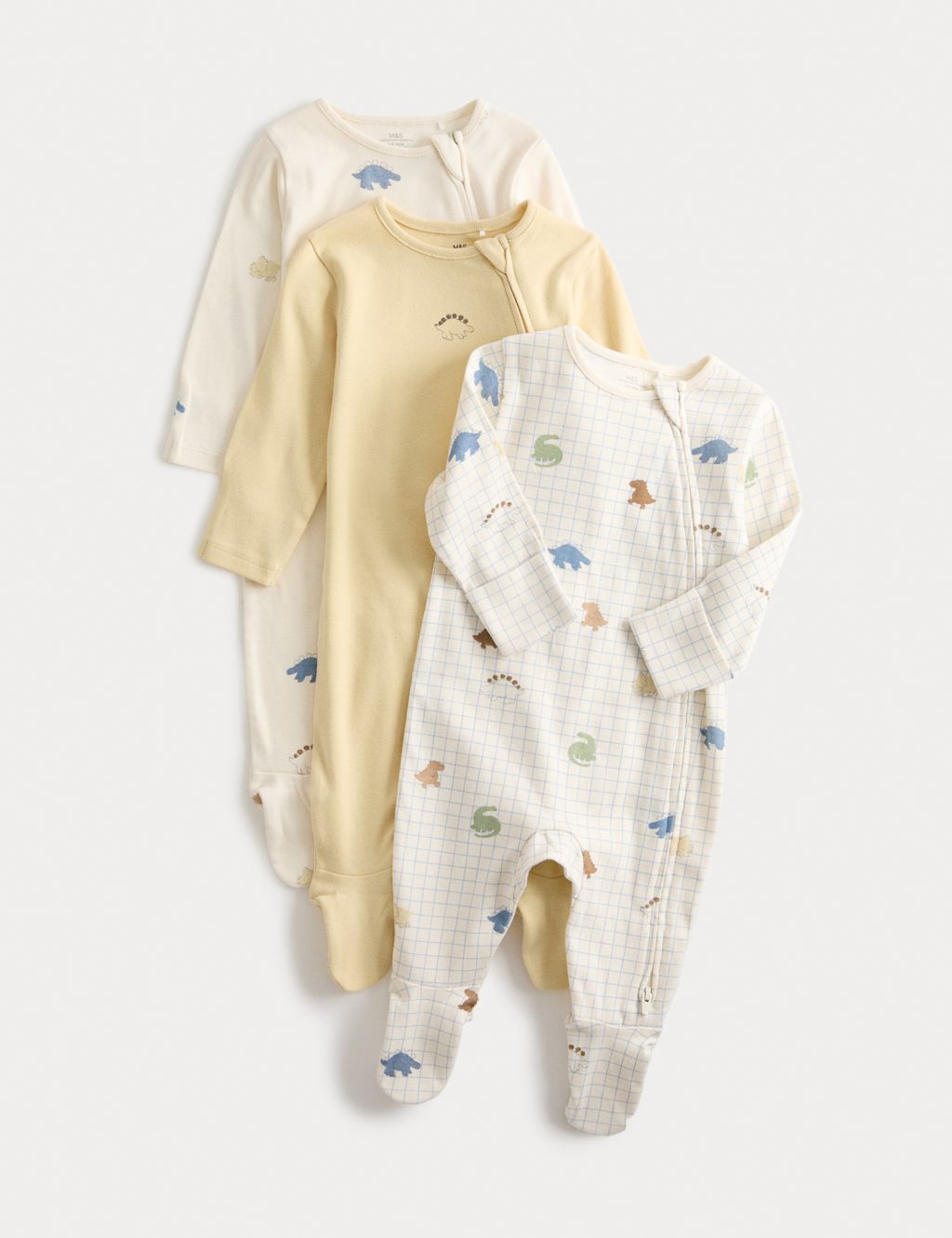 M&S 3pk Pure Cotton Dinosaur Print Sleepsuits (0 Mths-3 Yrs) - 0-3 M - Ivory Mix, Ivory Mix
