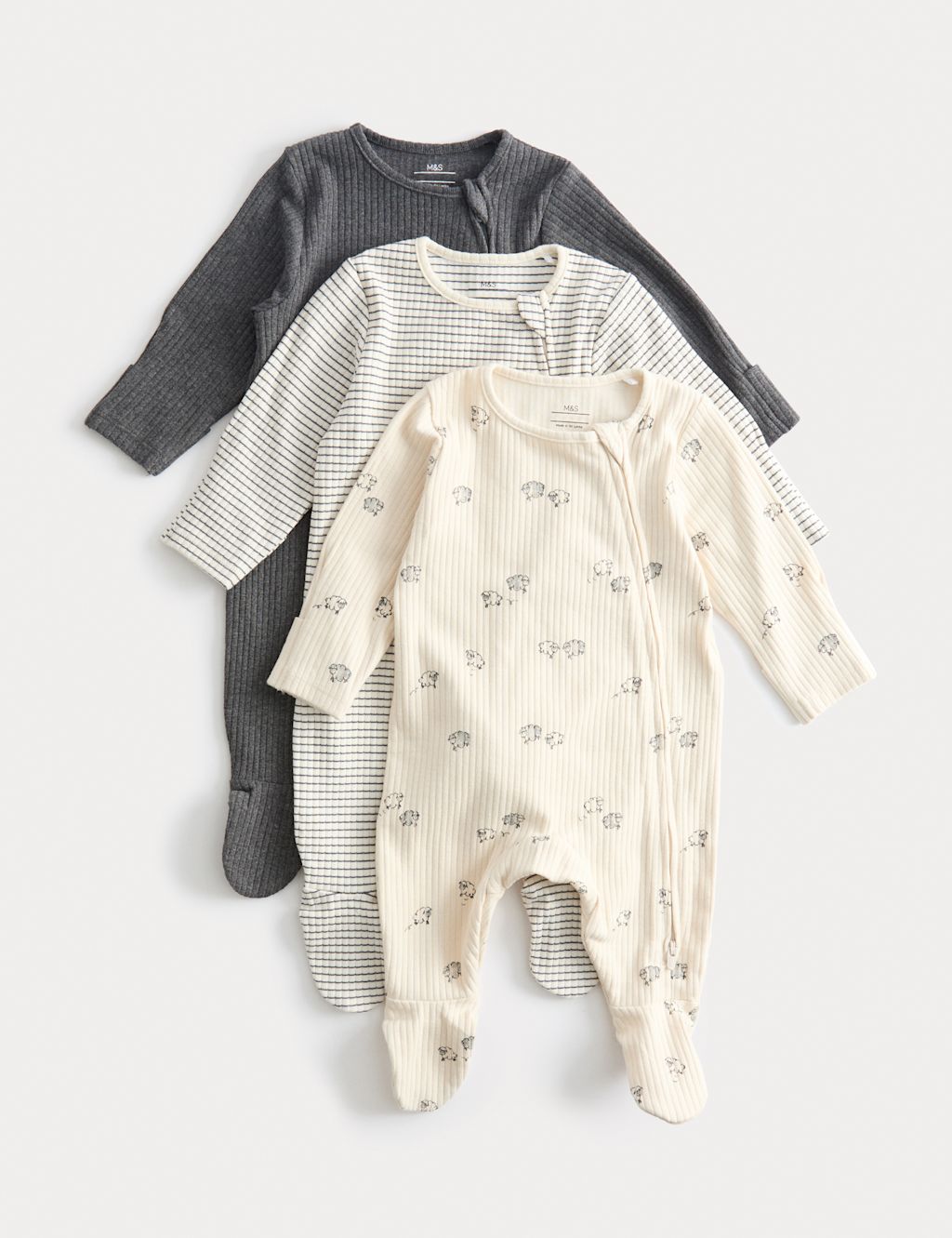 M&S 3pk Cotton Rich Sheep Ribbed Sleepsuits (6&frac12;lbs-3 Yrs) - 18-24 - Grey Mix, Grey Mix