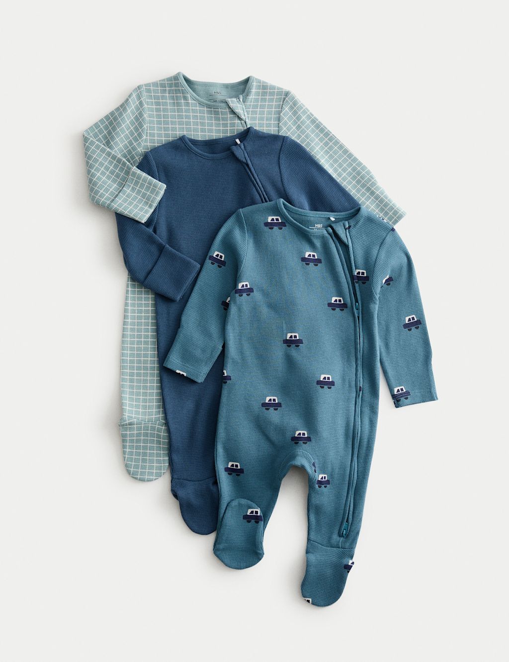 Marks and Spencer 3pk Pure Cotton Car Print Sleepsuits (0 Mths-3 Yrs) - 9-12M - Navy Mix, Navy Mix