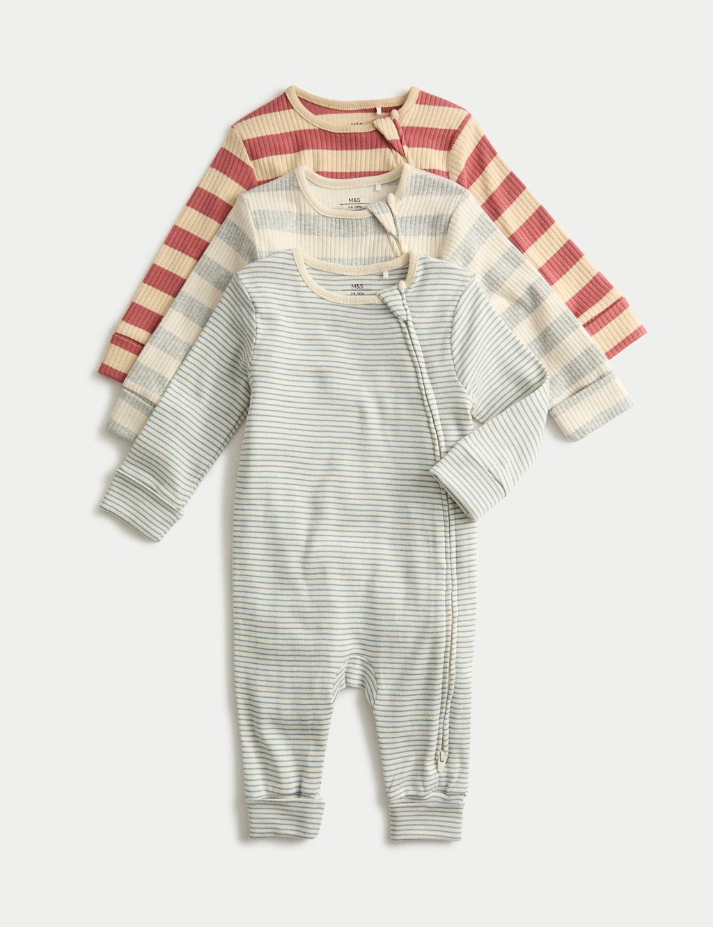 M&S 3pk Cotton Rich Stripe Sleepsuits (0-3 Yrs) - TINY - Red Mix, Red Mix