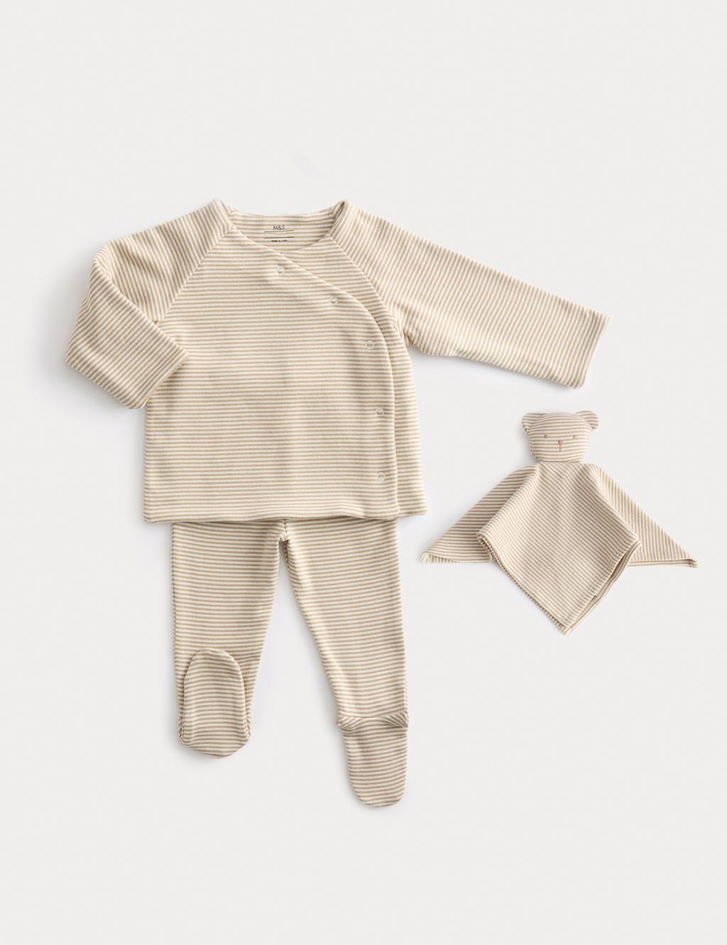 M&S 3pc Cotton Rich Striped Outfit (0-9 Mths) - 0-3 M - Sand, Sand