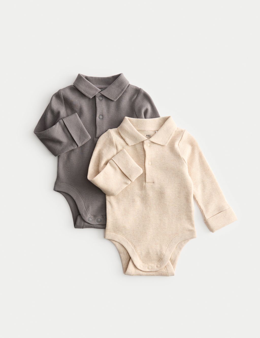 M&S 2 Pack Pure Cotton Long Sleeve Polo Bodysuits (0-3Yrs) - 0-3 M - Neutral, Neutral