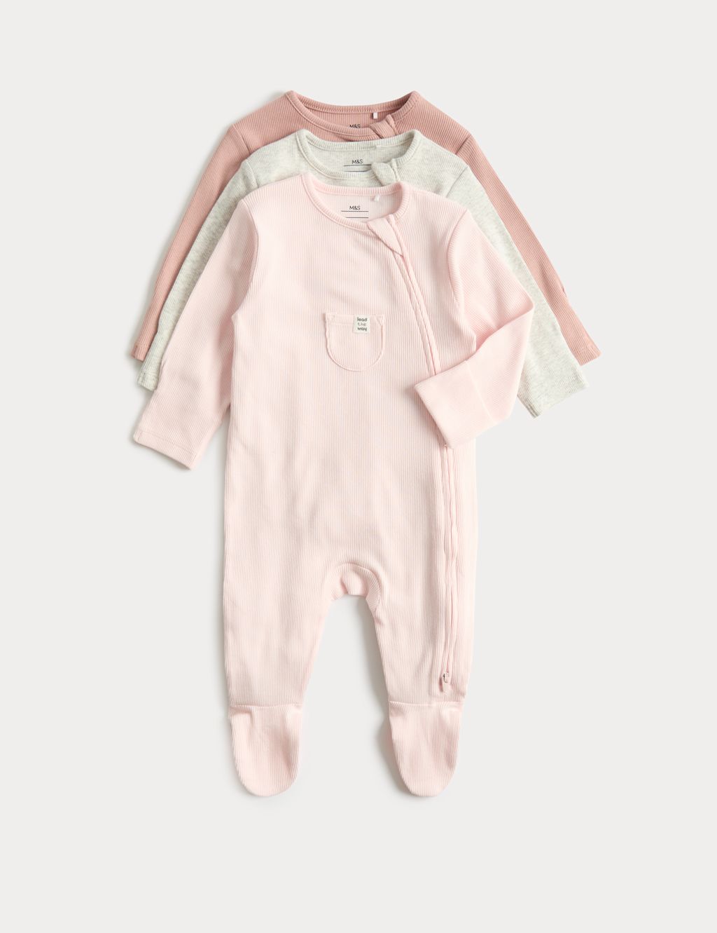 M&S 3 Pack Cotton Rich Sleepsuits (6&frac12;lbs-3 Yrs) - 12-18 Months - Pink, Pink