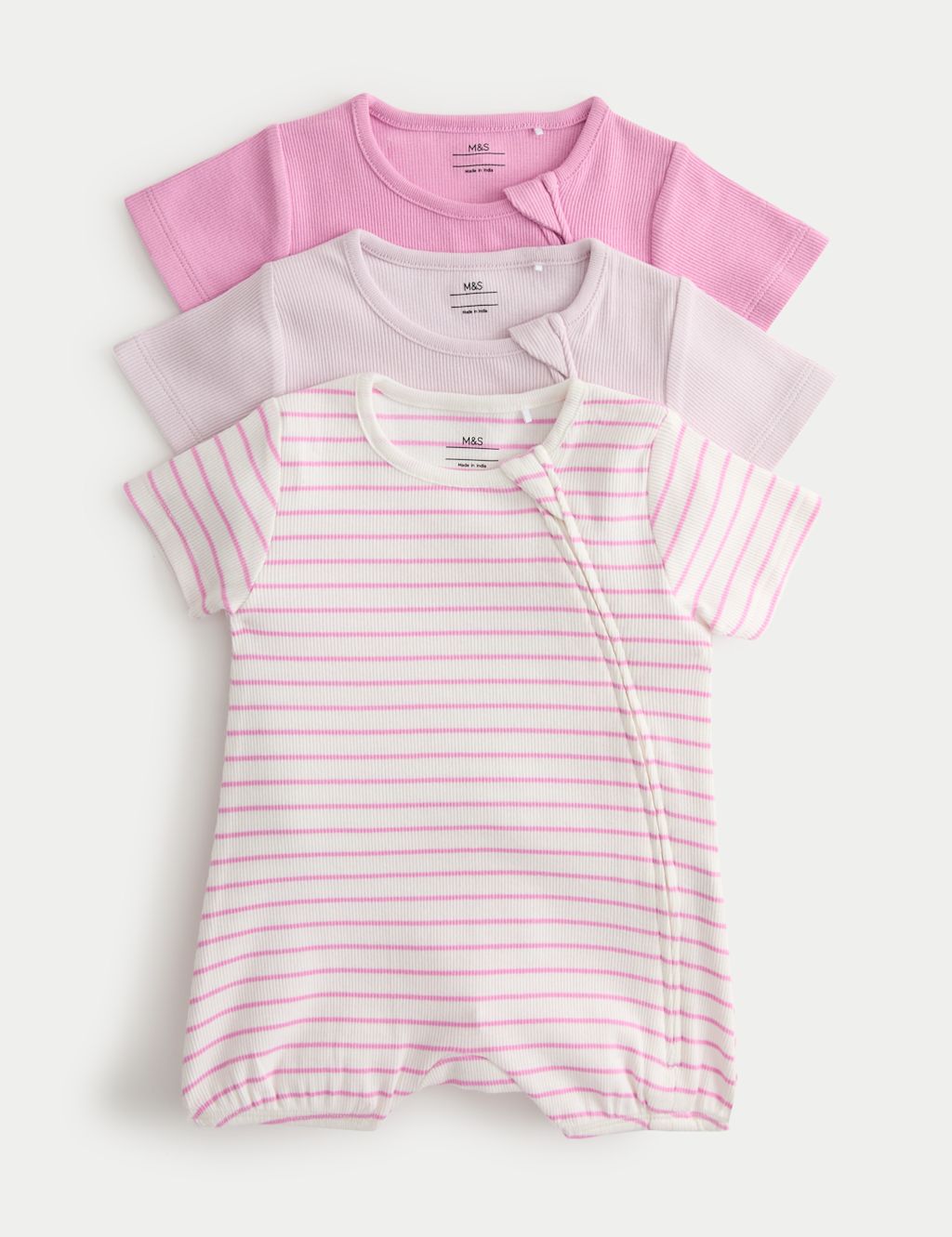 M&S 3 Pack Cotton Rich Rompers (7lbs-3 Yrs) - 0-3 Months - Magenta, Magenta