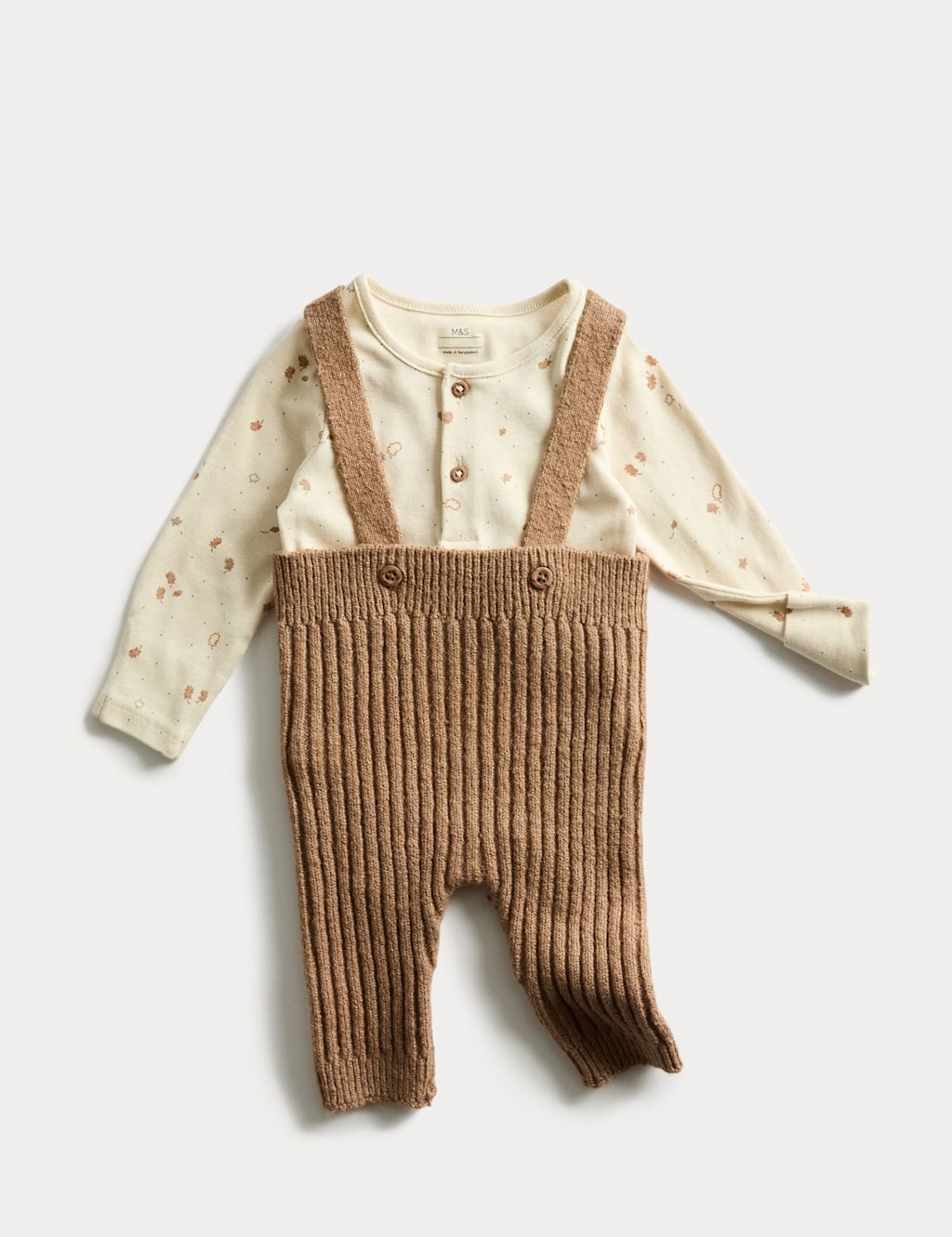 M&S 2pc Cotton Rich Sprig Dungaree Outfit (0-12 Mths) - 0-3 M - Mink Mix, Mink Mix