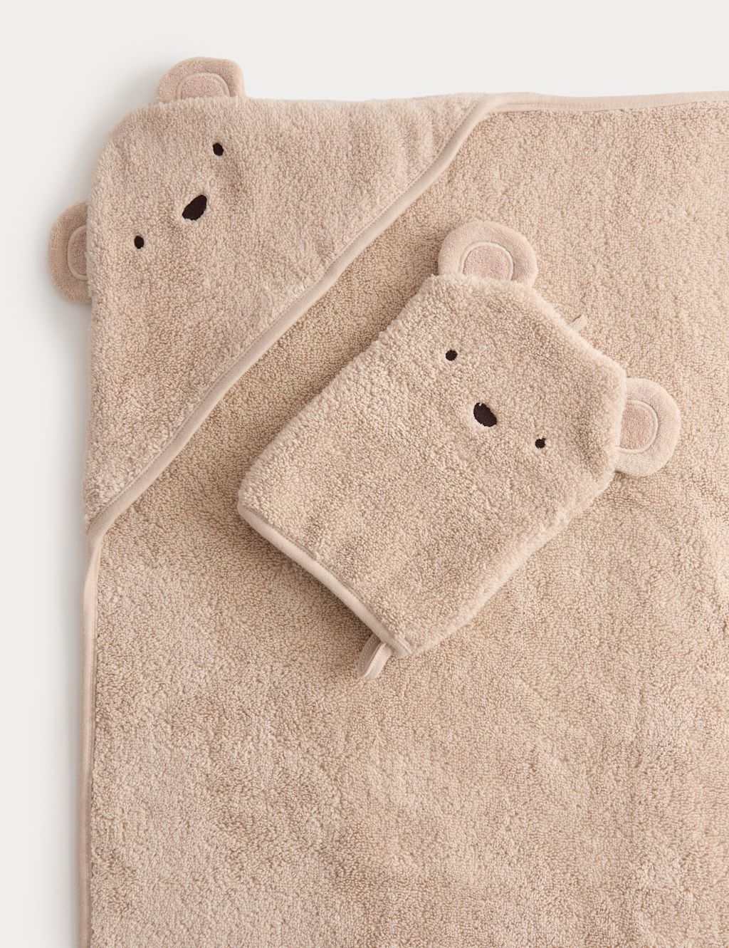 M&S 2pc Pure Cotton Bear Hooded Towel & Wash Mitt - Grey, Grey