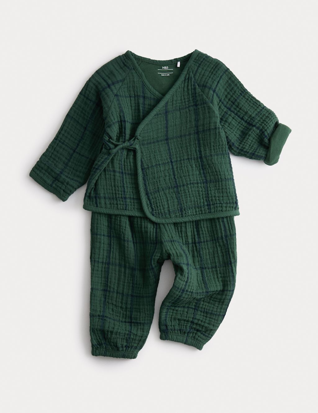 M&S 2pc Cotton Rich Check Outfit (0-2 Yrs) - 12-18 - Pine Green, Pine Green