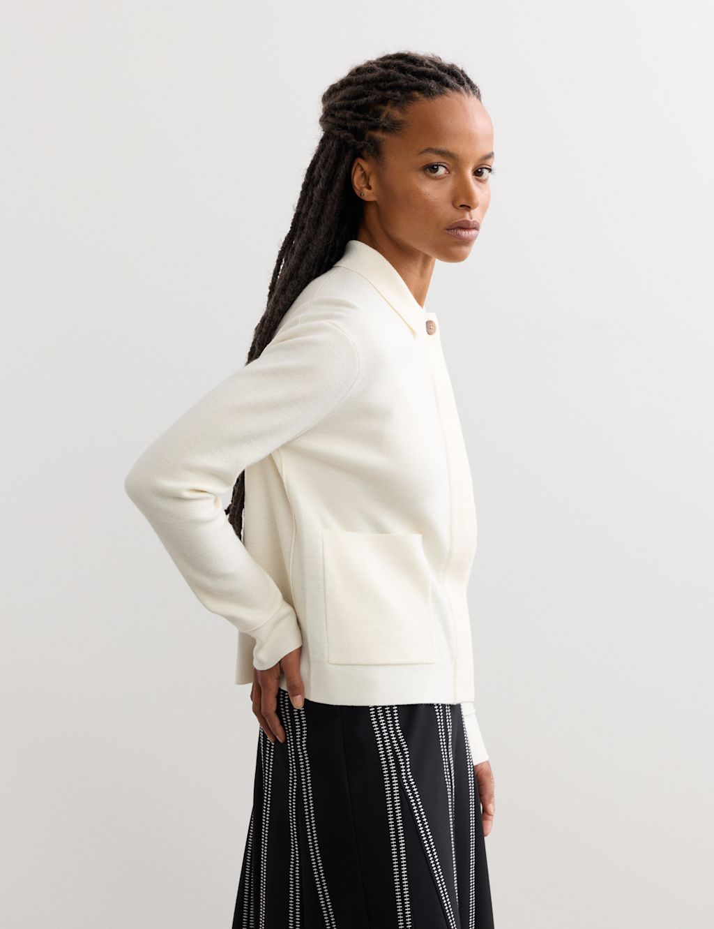 JAEGER  Pure Merino Wool Textured Knitted Jacket - Extra Large - Ivory, Ivory