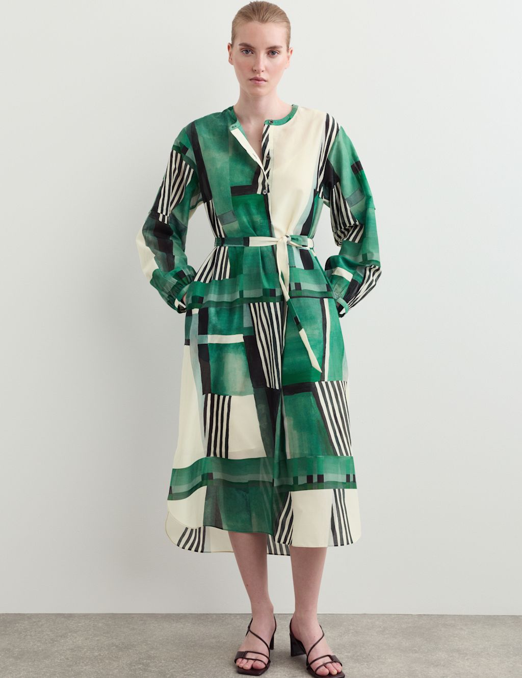 JAEGER  Cotton Rich Geometric Midi Shirt Dress - 10 - Green Mix, Green Mix