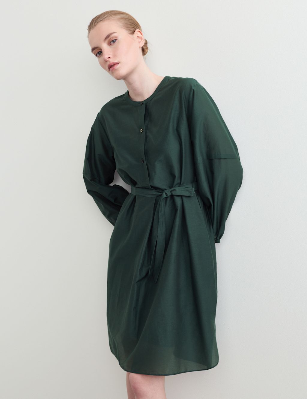 JAEGER  Cotton Rich Knee Length Shirt Dress - 10 - Dark Green, Dark Green