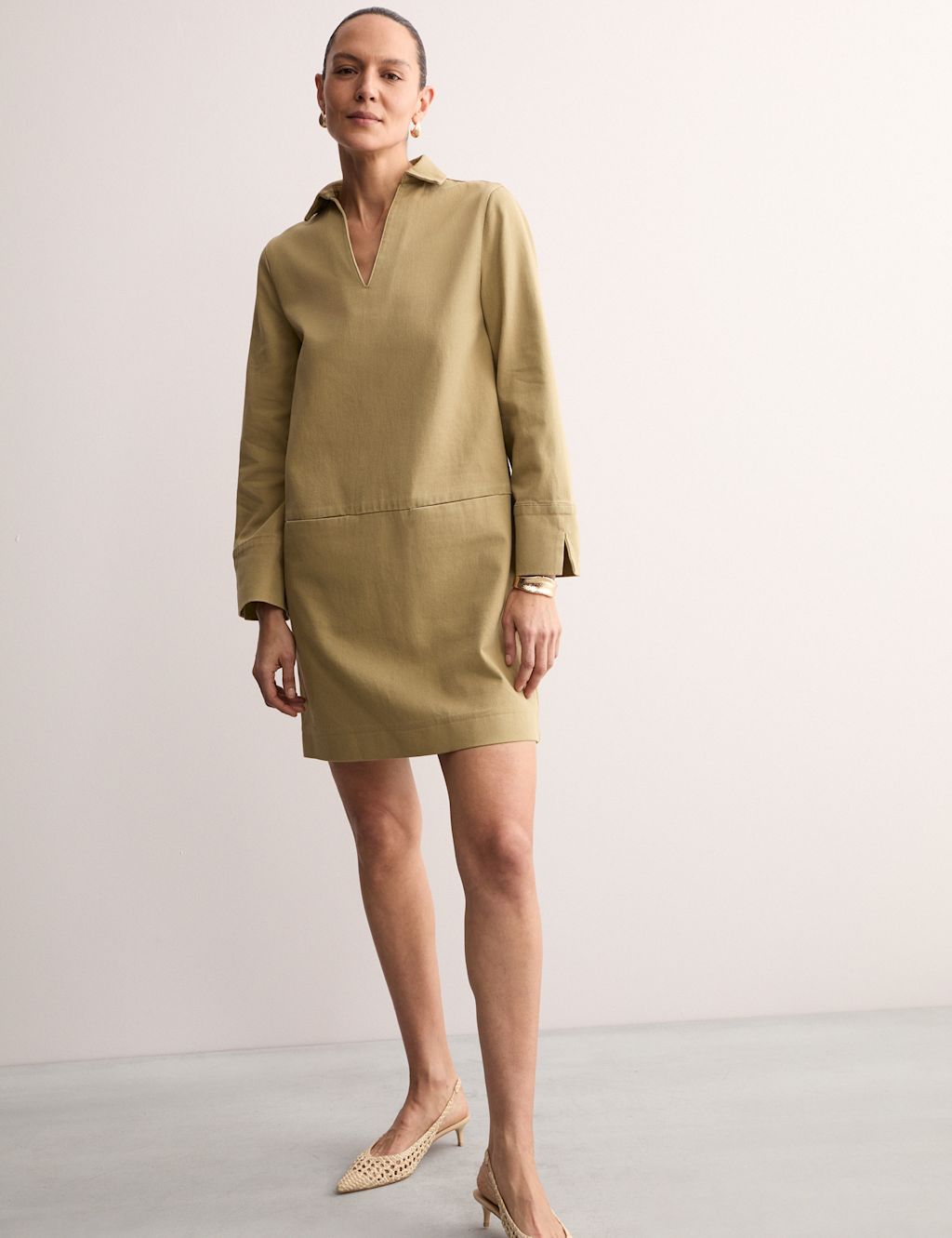 JAEGER  Denim Collared Short Shift Dress - 18 - Camel, Camel